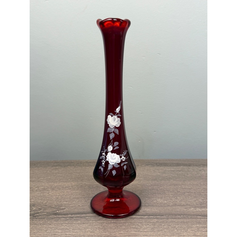 Fenton Ruby Red Glass Bud Vase Hand Painted White Floral Signed Deli 8.5 Inch
